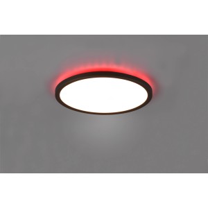 Schwarze, runde LED-Deckenleuchte Aureo mit RGB-Hintergrundbeleuchtung, 29 cm Durchmesser.