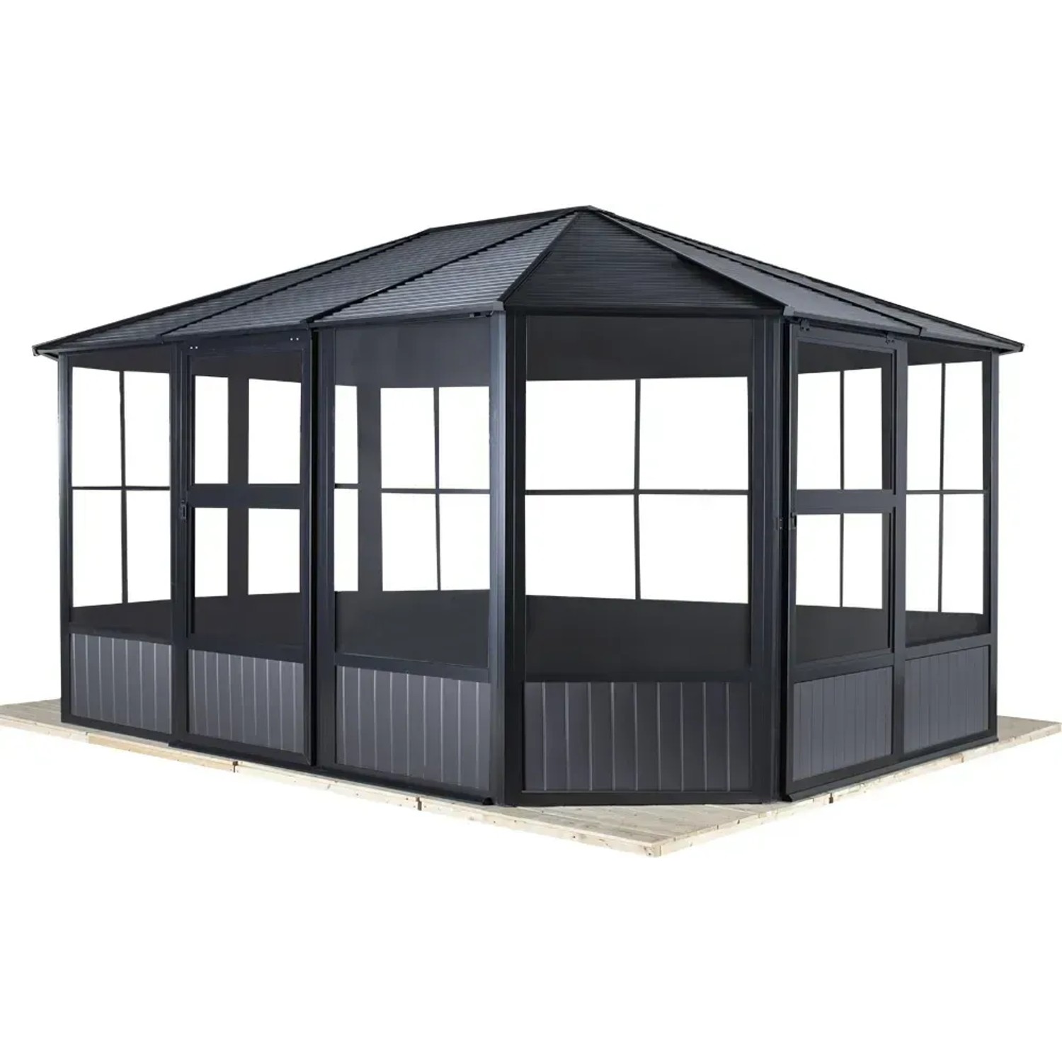 Sojag Pavillon Charleston, 384x384 cm, mit Stahl Dach, Fenstern und Moskitonetzen. Ideal für den Garten.