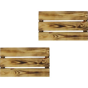 Zwei geflammte Kiefer Einlegeböden für Holzkisten, zur flexiblen Regalgestaltung.