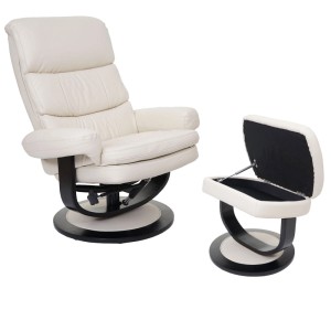 Cremefarbener Relaxsessel mit Hocker und Stauraum, Kunstleder, drehbar.