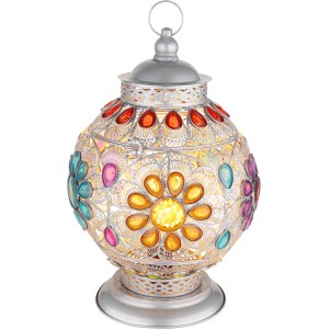 Silbergraue Globo Tischlampe mit bunten Acrylkristallen, 270x395 mm. Dekorative Design-Tischleuchte.