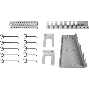 Zubehör-Set für Werkbank Lochwand: Haken, Halter und Ablagen aus Metall.