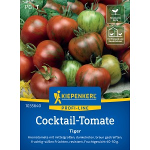 Kiepenkerl Tomaten Tiger F1-Hybride: dunkelrote, grün gestreifte Cocktailtomaten auf der Samenpackung.