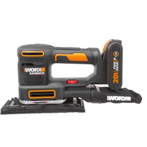Worx 20 V Akku-Multifunktionsschleifer WX820 mit Akku und Staubbeutel.