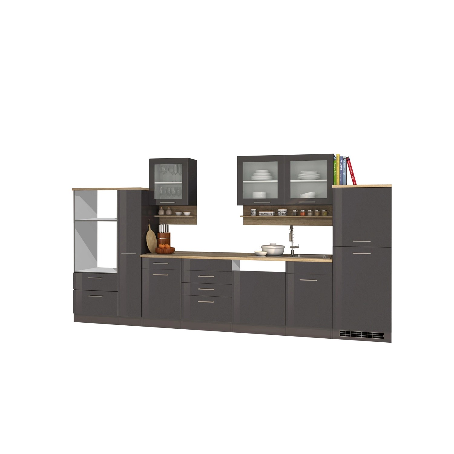 Moderne Held Möbel Küchenzeile Mailand, 370 cm, Grau Hochglanz/Matt, ohne Geräte.