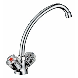 Zweigriff-Küchenarmatur Ledro Chrom mit schwenkbarem Auslauf und Acryl-Drehreglern.