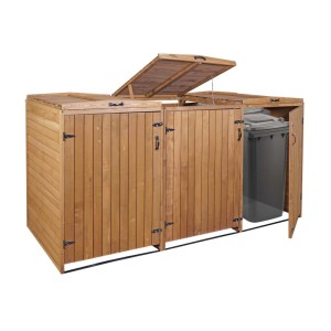 MCW Mülltonnenverkleidung für 3-6 Tonnen, braun, mit Türen und Deckel, eine Tonne sichtbar.