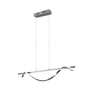 Moderne, chromfarbene LED-Pendelleuchte Isabel mit geschwungenem Design für den Wohnbereich.