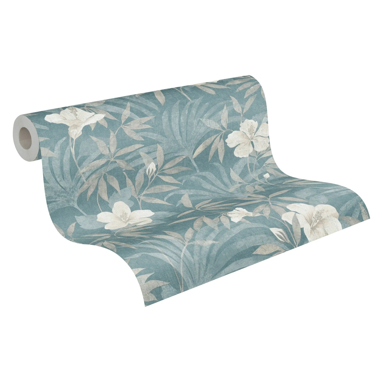 Vliestapete mit Blumen- und Dschungelmotiv in Beige und Blau.