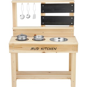 Matschküche aus Holz mit Kreidetafel und 7-teiligem Küchen-Set für Kinder.