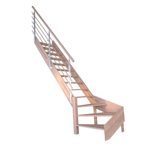 StarWood Treppe Rhodos Buche, 1/4 gewendelt links, mit Design-Geländer aus Holzrundstäben.