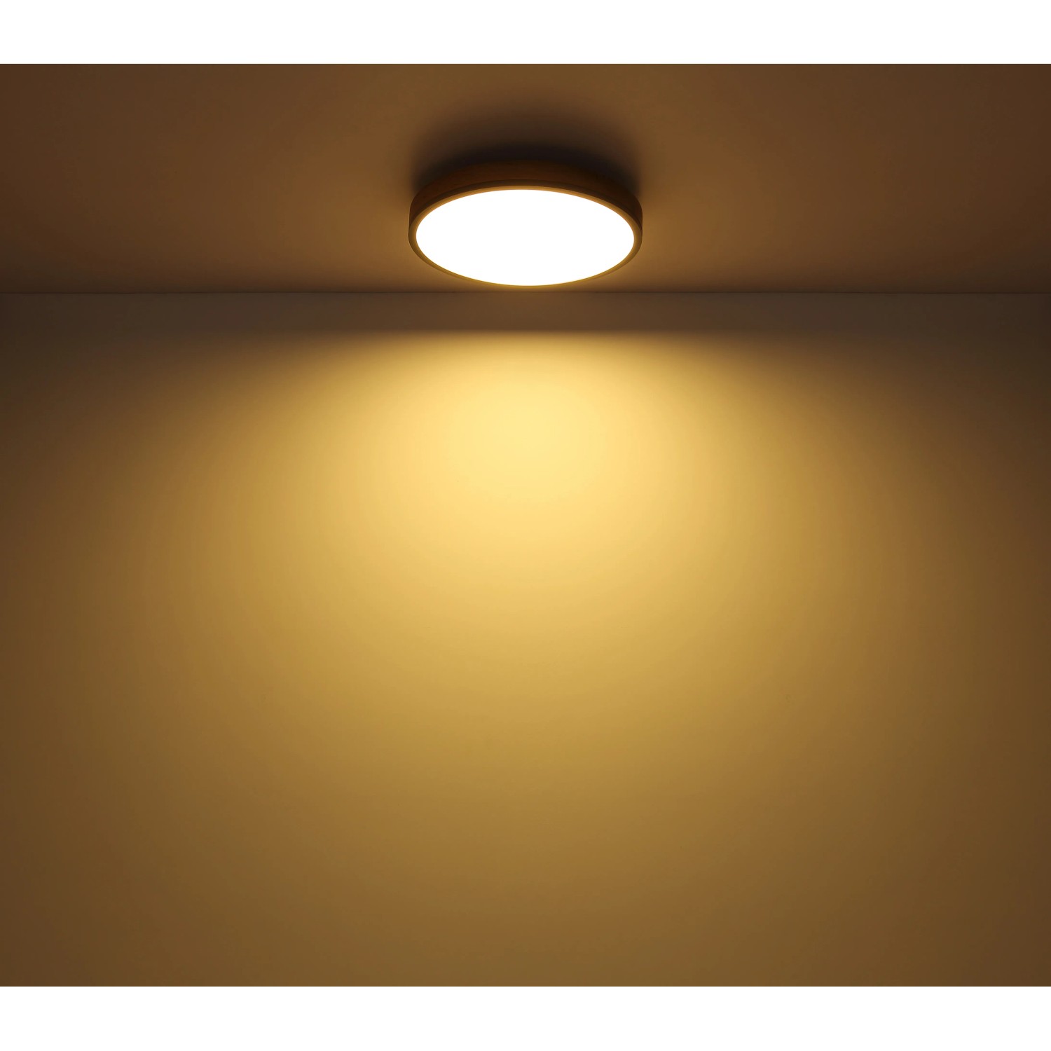 Runde LED-Deckenleuchte Doro in Graphit und Holzoptik, warmweißes Licht.