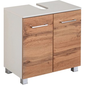 Held Möbel Waschbeckenunterschrank Molina, 60 cm, Wotaneiche/Weiß, mit 2 Türen und chromfarbenen Griffen.