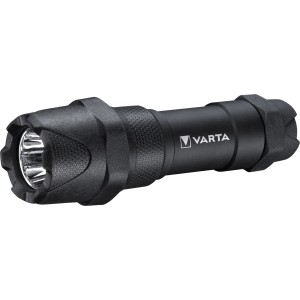 Schwarze Varta LED-Taschenlampe Indestructible F10 Pro mit Batterien.