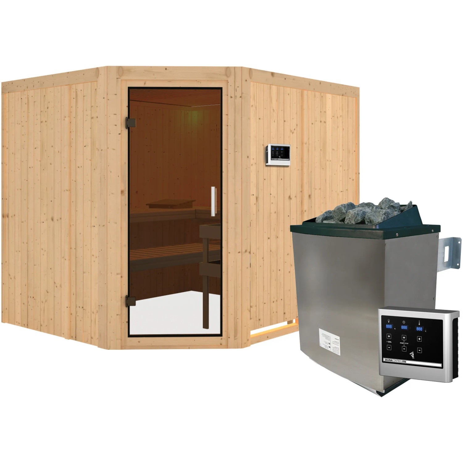 Karibu Sauna mit Ofen und externer Steuerung aus naturbelassener Fichte.