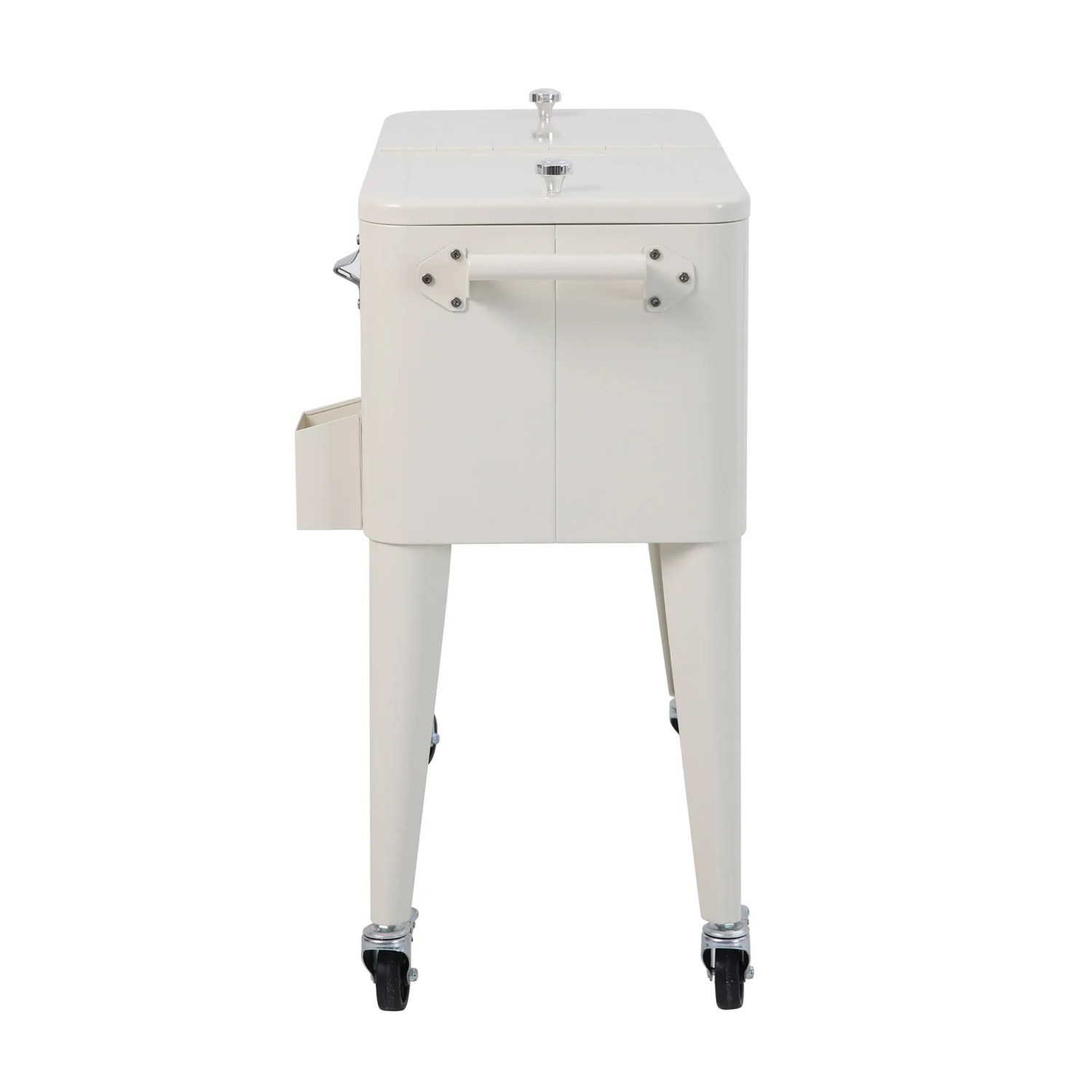 Beige Icy Kühlbox auf Rädern mit stabilem Stahlrahmen, Griff, Flaschenöffner und 4 Rollen. Ideal für Grillpartys.