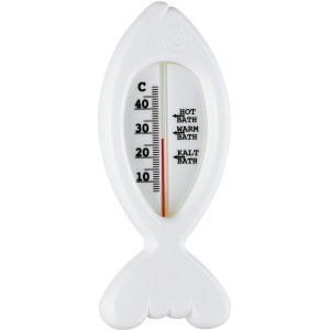 Weißes Mebus Badethermometer im Fischdesign zur Temperaturmessung.