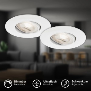 2er-Set weiße, dimmbare Briloner LED-Einbauleuchten Kulana, schwenkbar, für Deckenmontage.
