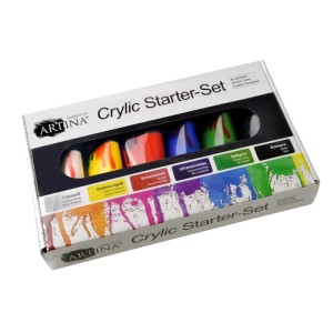 Artina Crylic Acrylfarben Set, 6 Farben (Titanweiß, Gelb, Rot, Blau, Grün, Schwarz) im Karton.
