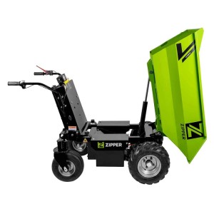 Grüner Zipper Elektro-Rad Dumper ZI-ED500 mit hochgeklappter Kippmulde. Baumaschine für Schüttgut.