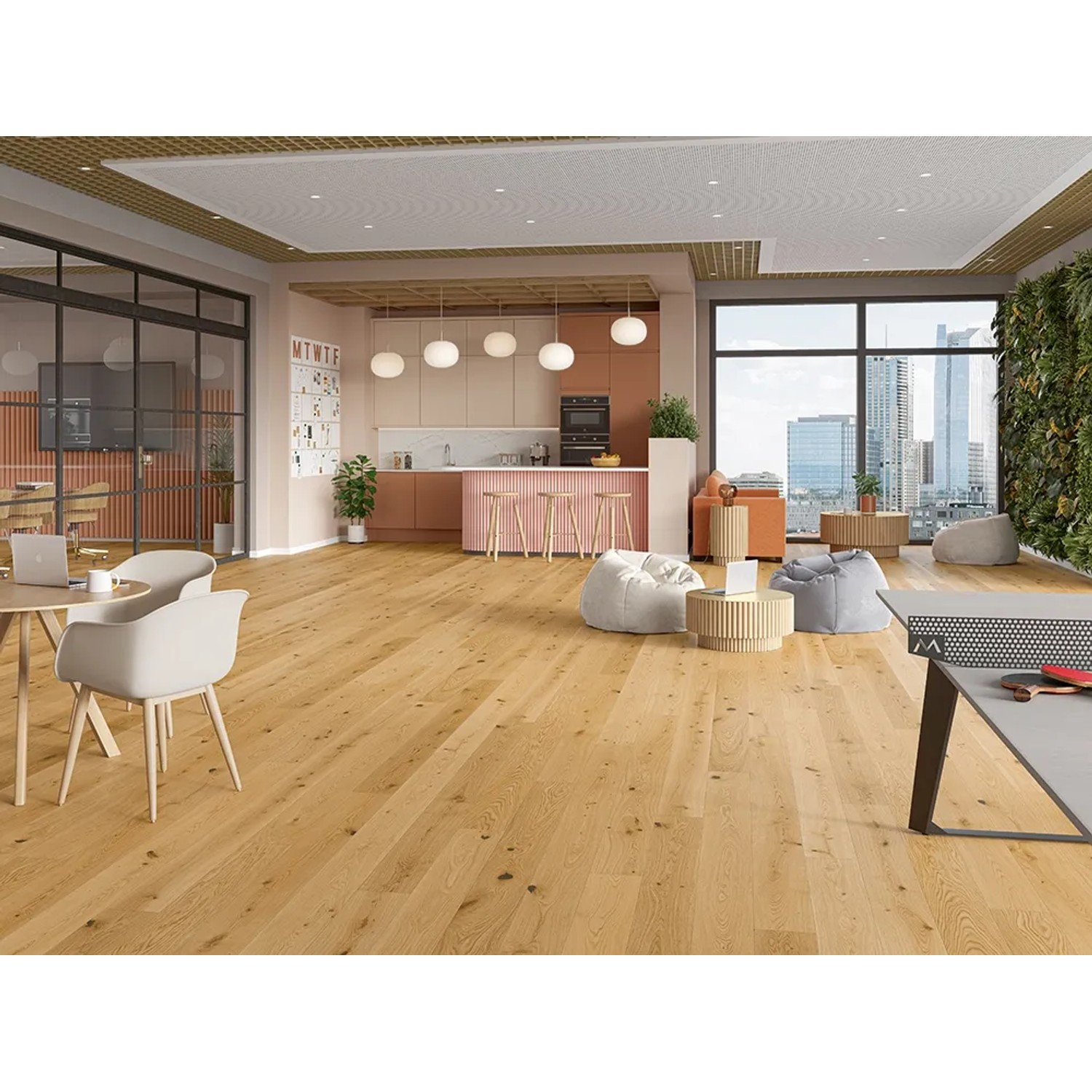 Verlegtes, matt lackiertes Parador Parkett Trendtime 4 Rustikal Eiche Lugana Natur im modernen Wohnraum.