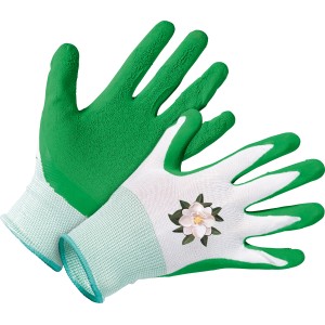 Grüne LUX Gartenhandschuhe aus Latex, Größe 7, mit Blumenmuster. Ideal für Gartenarbeit.