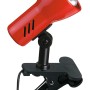 Roter Briloner Klemmspot Lock mit schwarzer Klemme. Flexible Leselampe für E14 Leuchtmittel.