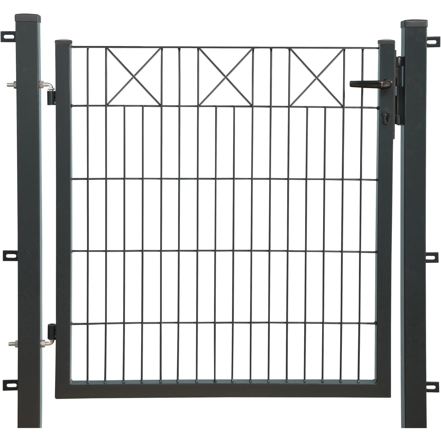 Anthrazitfarbenes Dekor-Einzeltor X-Reihe, 100x100 cm, mit Torpfosten, Drückergarnitur und Schloss.