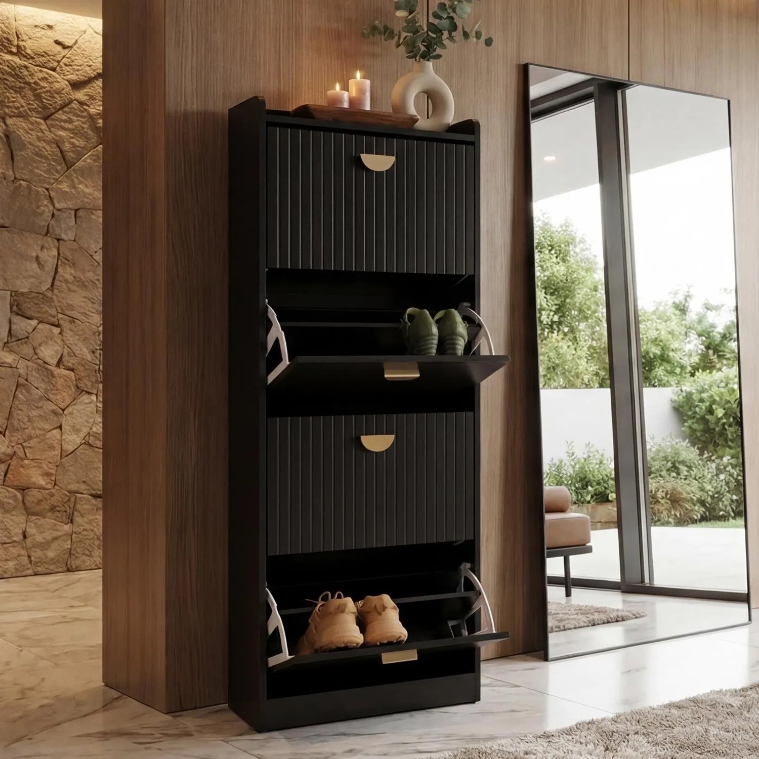 MCW Schuhschrank O39 MDF Melamin Metall 148x50x24cm Holzoptik Schwarz kaufen bei OBI