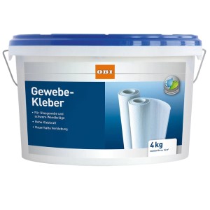 Weißer OBI Gewebekleber 4 kg Eimer mit blauem Deckel, für Glasgewebe und schwere Wandbeläge.