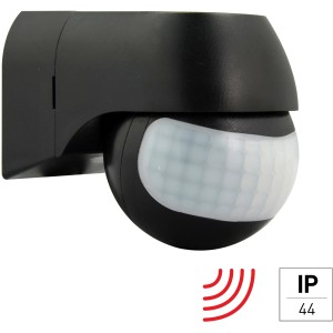 Schwarzer Infrarot-Bewegungsmelder Eco Basic IP44 für Feuchträume, Erfassungswinkel 180 Grad.