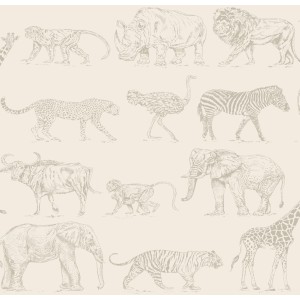 Beige Vliestapete mit Safari-Motiv: Zebras, Löwen, Elefanten und andere Tiere.