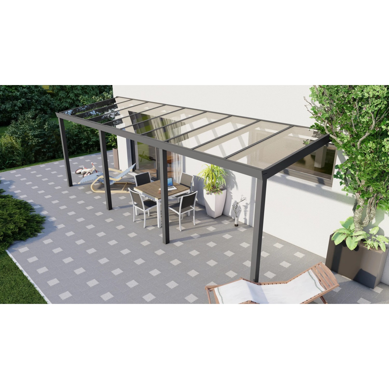 Anthrazitfarbene Terrassenüberdachung Professional mit Glasdach, 700x250 cm.