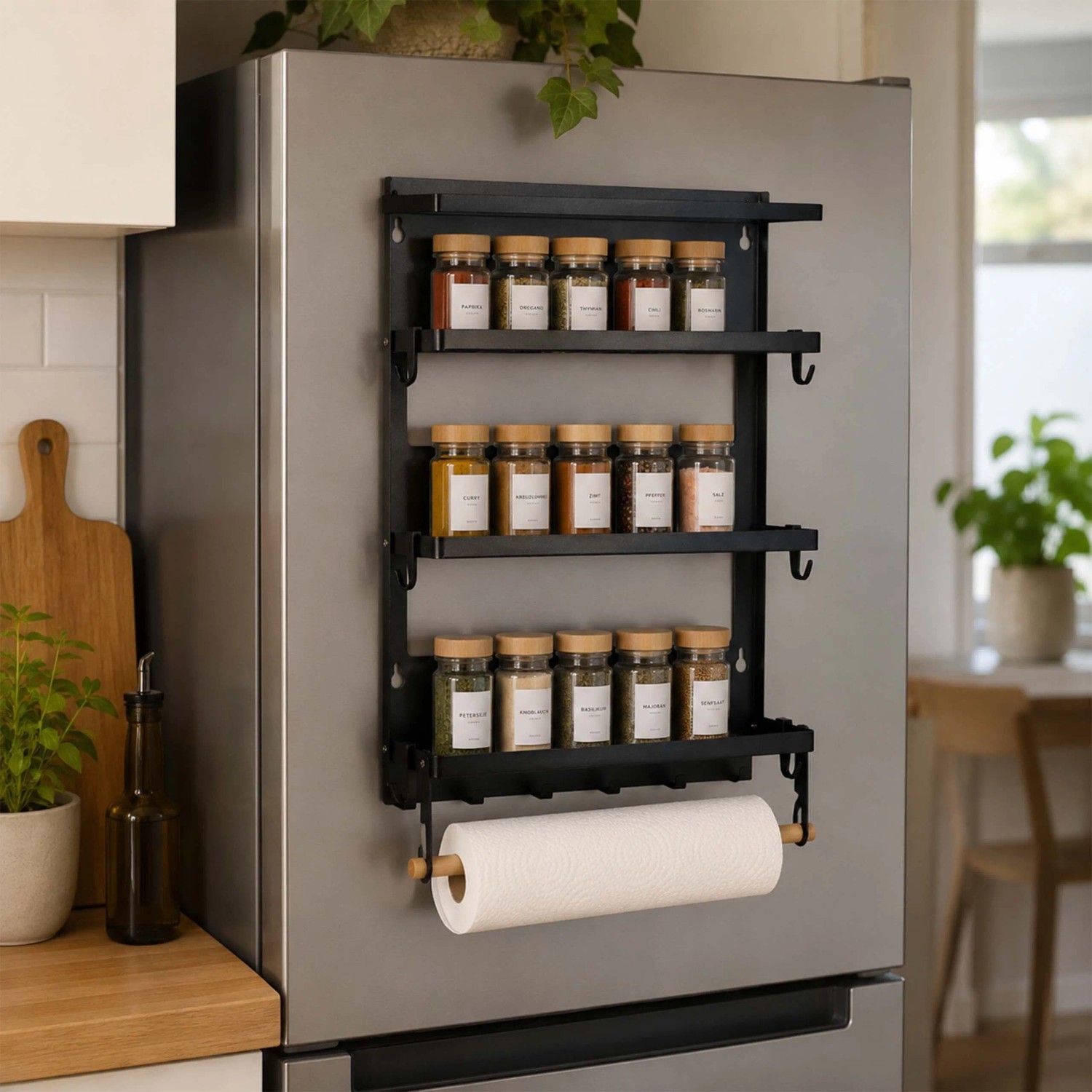 Relaxdays Gewürzregal Eisen Pulverbeschichtet zur Wandmontage mit Küchenrollenhalter