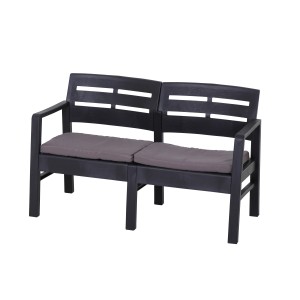 Progarden Lounge-Set Java, 2-Sitzer Gartenbank aus anthrazitfarbenem Kunststoff mit grauen Kissen.
