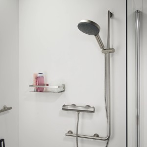 Tiger Sicherheitsgriff rechts mit Brausehalter Boston Comfort & Safety aus Edelstahl im Duschbereich.