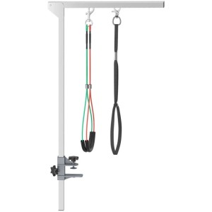 PawHut Fellpflegearm, silbernes Metallgestell mit Klemme. Höhenverstellbar, inkl. schwarzem Gurt und farbigen Halteleinen für Hunde.