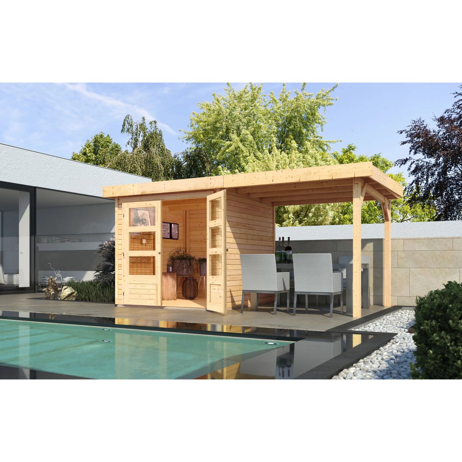 Naturbelassenes Karibu Express Gartenhaus Speedy A Set mit Anbaudach im Garten.