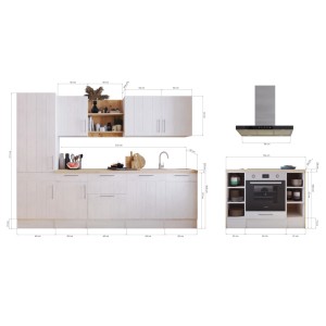 Respekta Landhaus Inselküche Anton 280 cm in Lärche Weiß mit E-Geräten und Spüle.