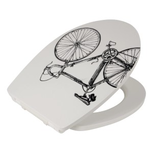 WC-Sitz mit Fahrrad-Motiv und Absenkautomatik, aus Duroplast, weiße Oberfläche.