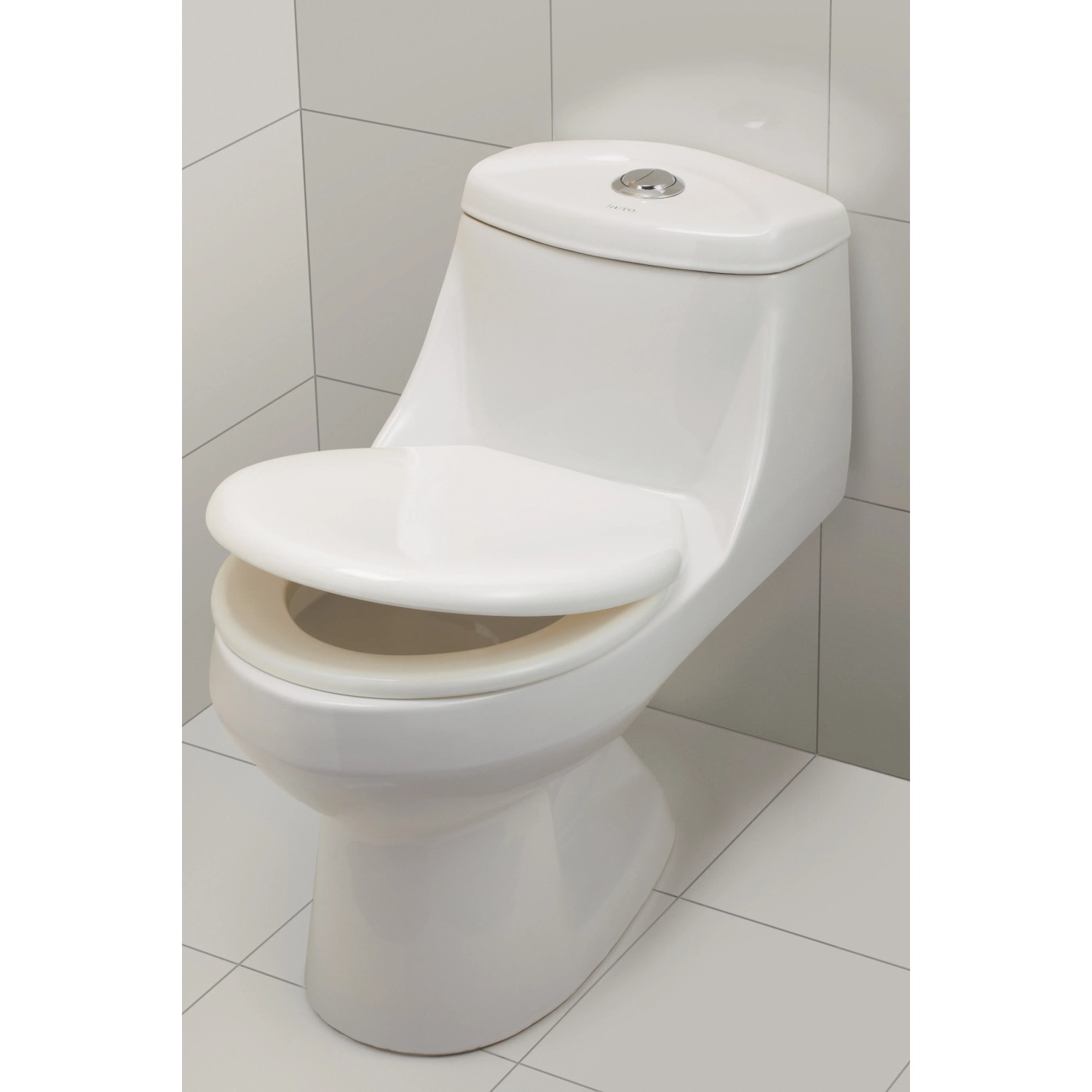 Weißer WC-Sitz Tuca aus Polypropylen mit geöffnetem Deckel.