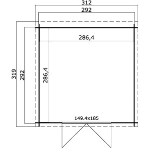 Grundriss Lasita Holz-Gartenhaus Sacramento, 312x319 cm, Carbongrau. Abmessungen und Türposition.