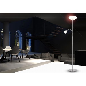 Globo LED-Stehleuchte Blade, Nickel matt mit Lesearm und alabasterfarbenem Glas.