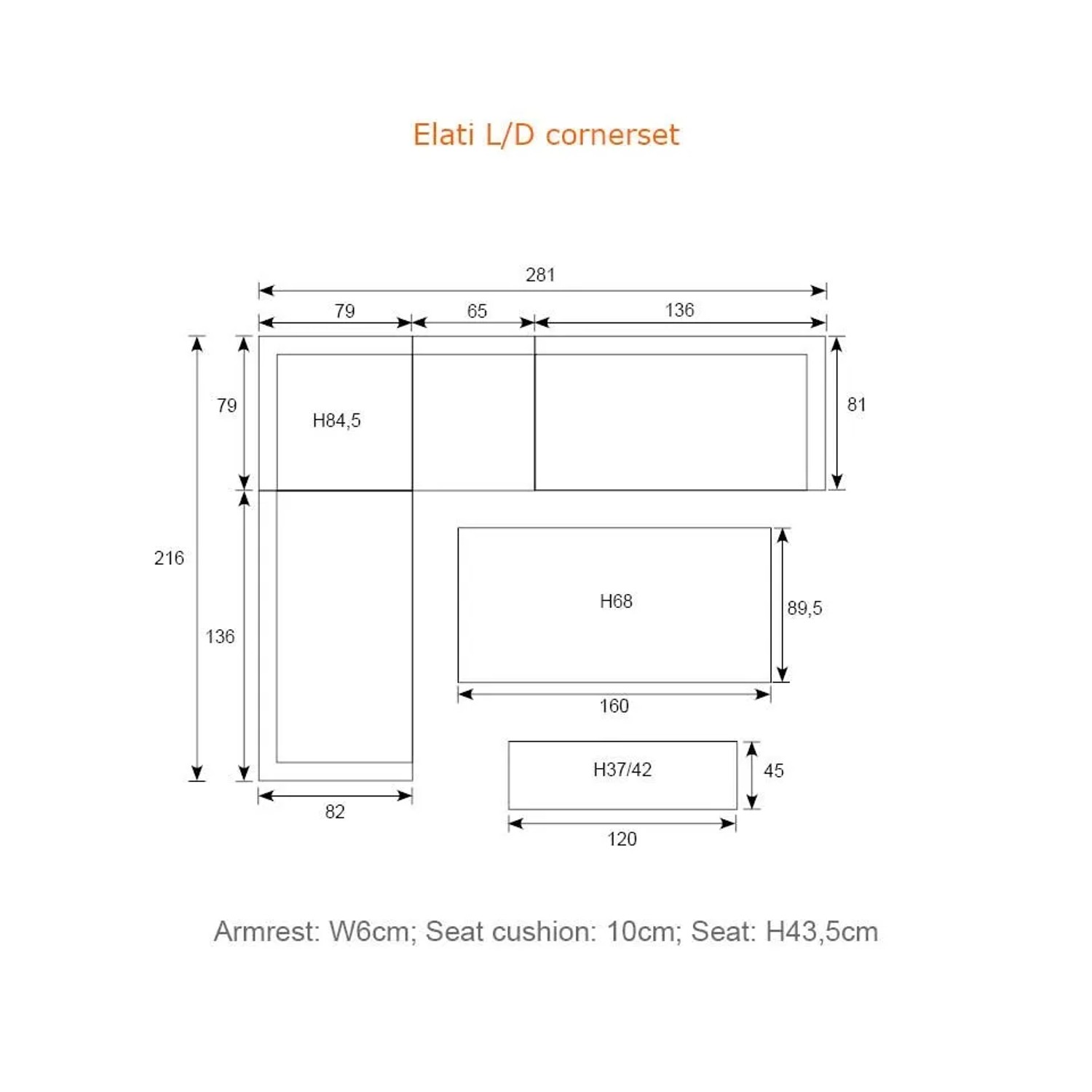 Technische Zeichnung des Elati Lounge Dining Ecklounge Sets mit Maßen für Sofa, Tisch und Bank.