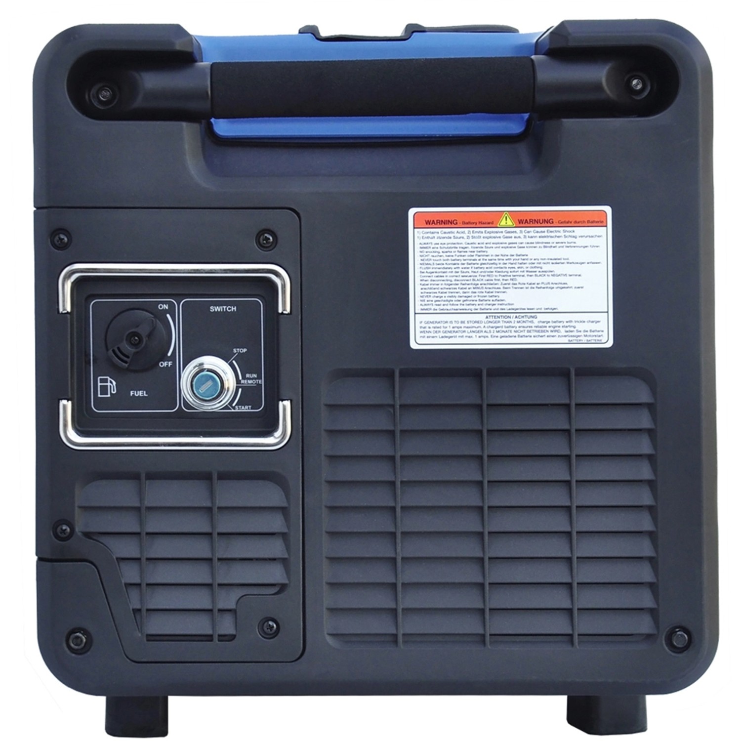 Rückansicht Hyundai Inverter-Generator HY4500SEi D Stromerzeuger mit Bedienelementen und Warnhinweisen.