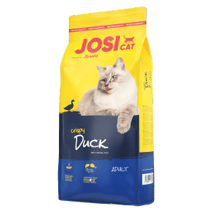 JosiCat Katzen-Trockenfutter Crispy Duck 10kg, gelbe Verpackung mit Katzenmotiv.