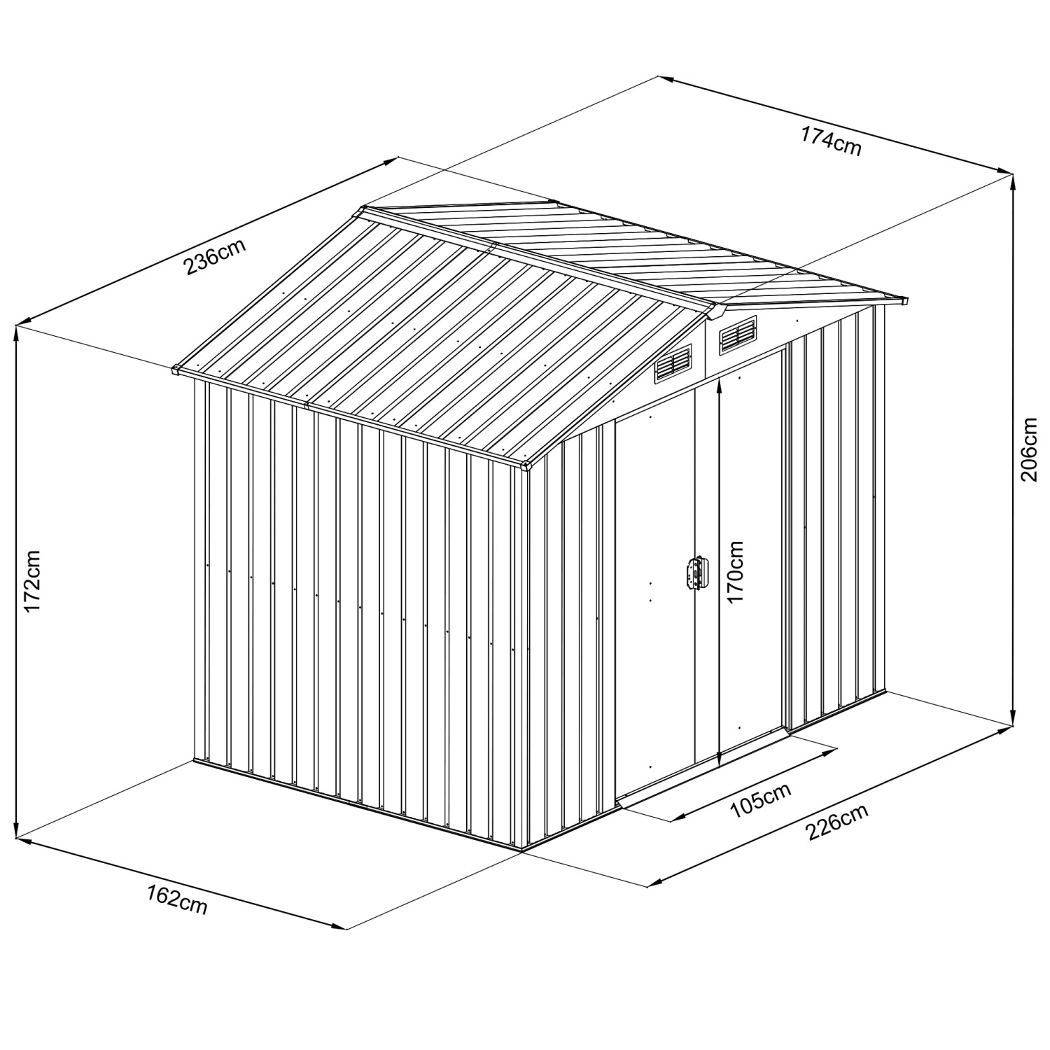 Draufsicht-Illustration des Floraworld Metall-Gerätehauses in Anthrazit mit Maßangaben.