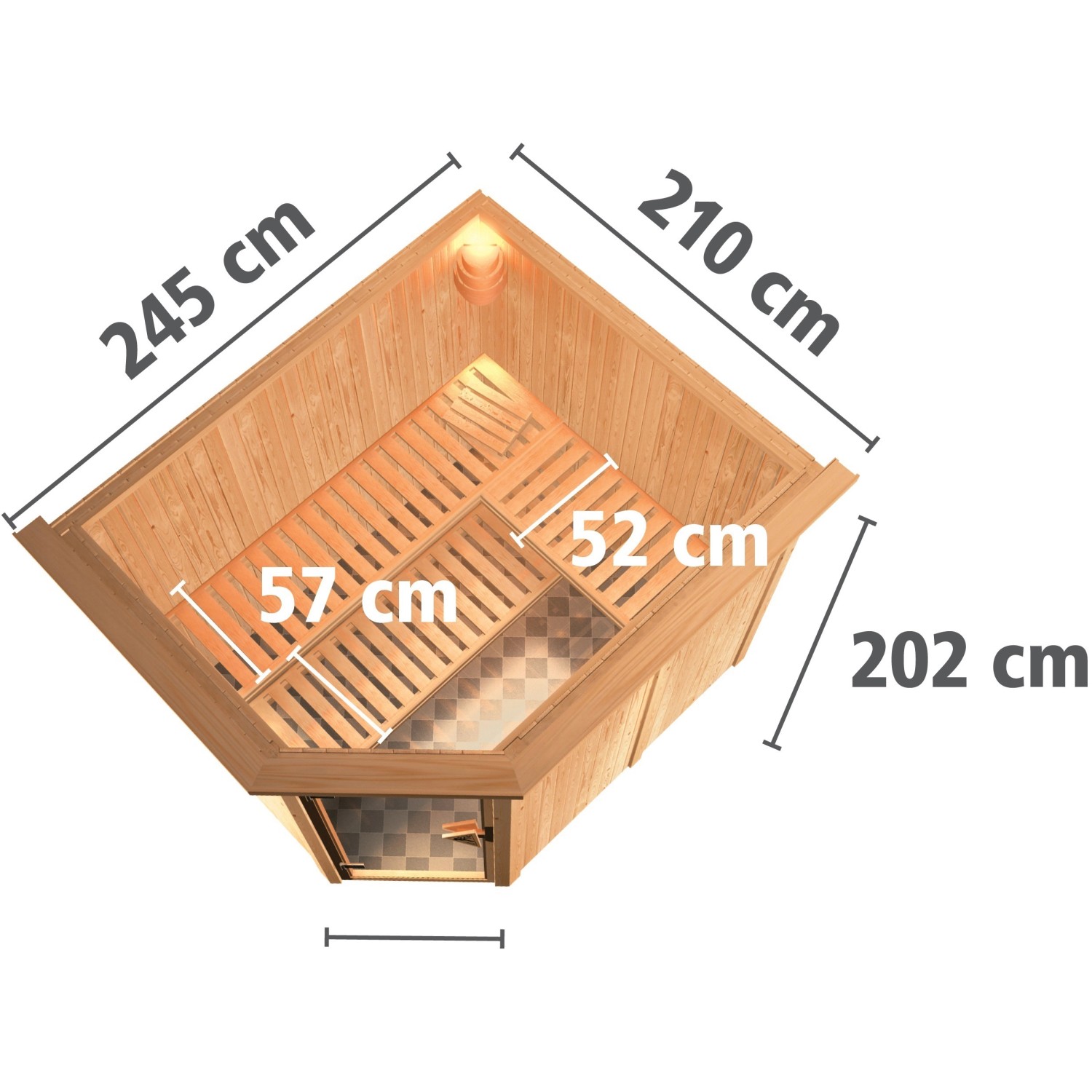 Karibu Sauna mit Ofen und LED-Dachkranz, Aufsicht mit Maßen. Massivholzsauna für entspannte Stunden.