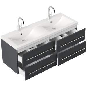 Posseik Badmöbel Aurelion XL Grafit mit Waschbecken und offenen Schubladen.