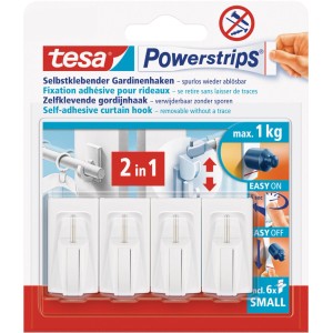 tesa Powerstrips Gardinenhaken, 4er-Pack, selbstklebend und weiß für Gardinenstangen.